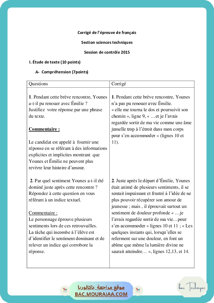 Corrigé controle francais Bac 2015 – Section technique
